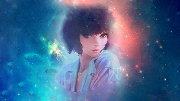 Обои на рабочий стол Девушка на фоне облачного неба, by Ilya Kuvshinov