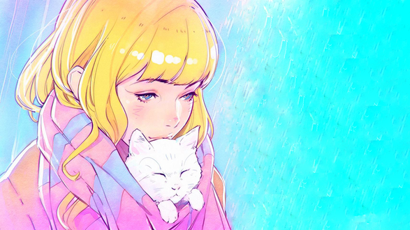 Обои на рабочий стол Девушка с котенком, by Ilya Kuvshinov
