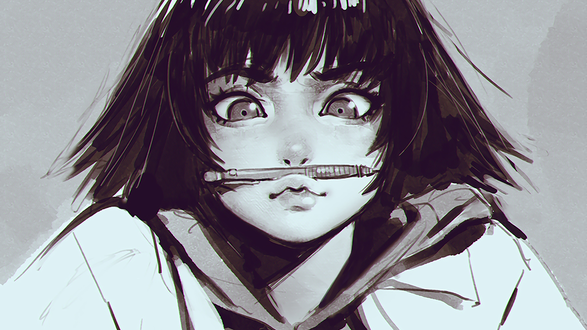 Обои на рабочий стол Девушка с карандашом на лице, by Ilya Kuvshinov