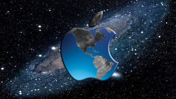 Обои на рабочий стол Логотип Логотип Apple / Эппл с изображением глобуса на фоне галактики