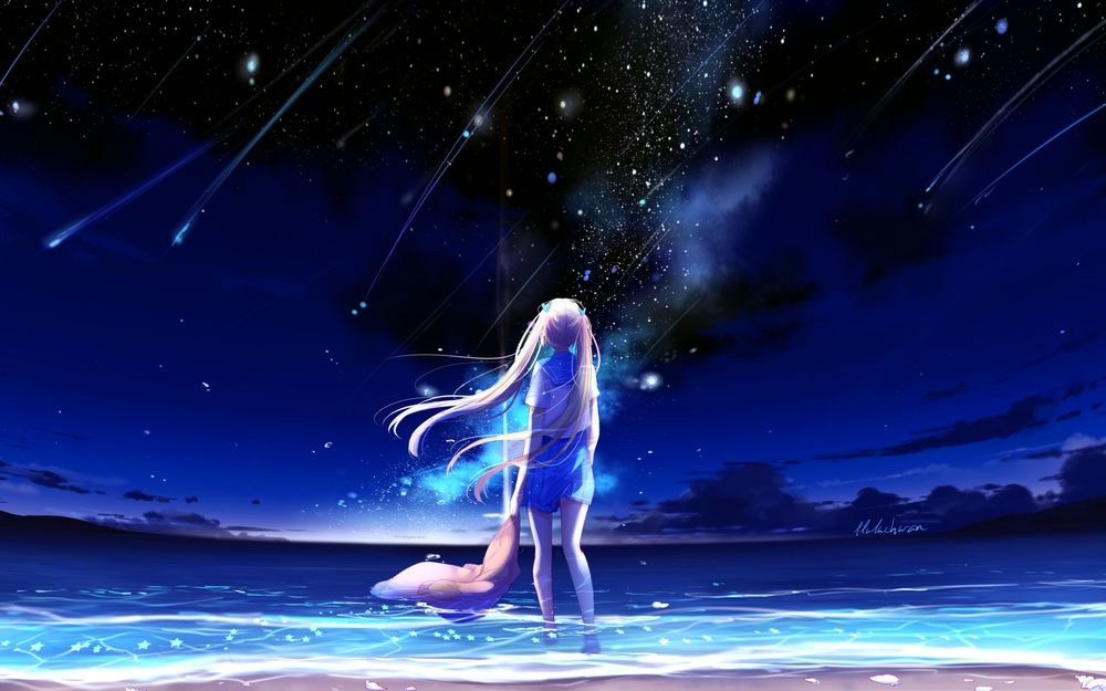 Обои для рабочего стола Девушка стоит в воде держа в руке кофту и смотрит на падающие звезды, by lluluchwan