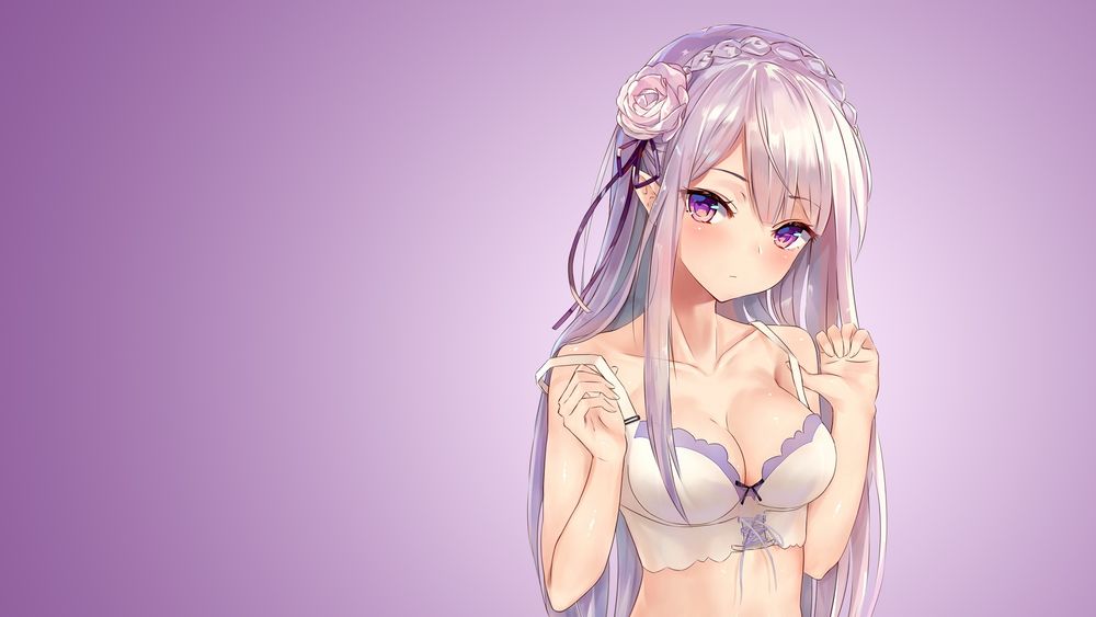 Обои для рабочего стола Эмилия / Emilia из аниме Re: Жизнь в альтернативном мире с нуля / Re: Zero kara Hajimeru Isekai Seikatsu, примеряет бюстгальтер