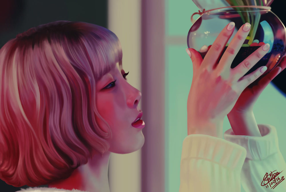 Обои для рабочего стола Тэ Ён / Tae Yeon из южно-корейской группы SNSD / Girls Generation держит в руках стеклянную вазу, by Khushiart