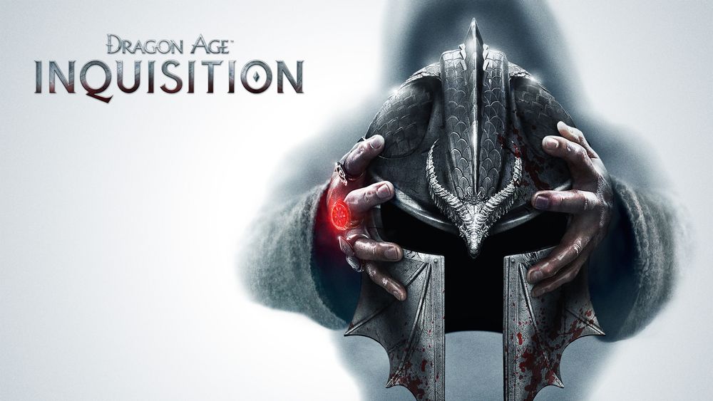 Обои для рабочего стола Руки держат шлем в крови, из игры Dragon Age: Inquisition
