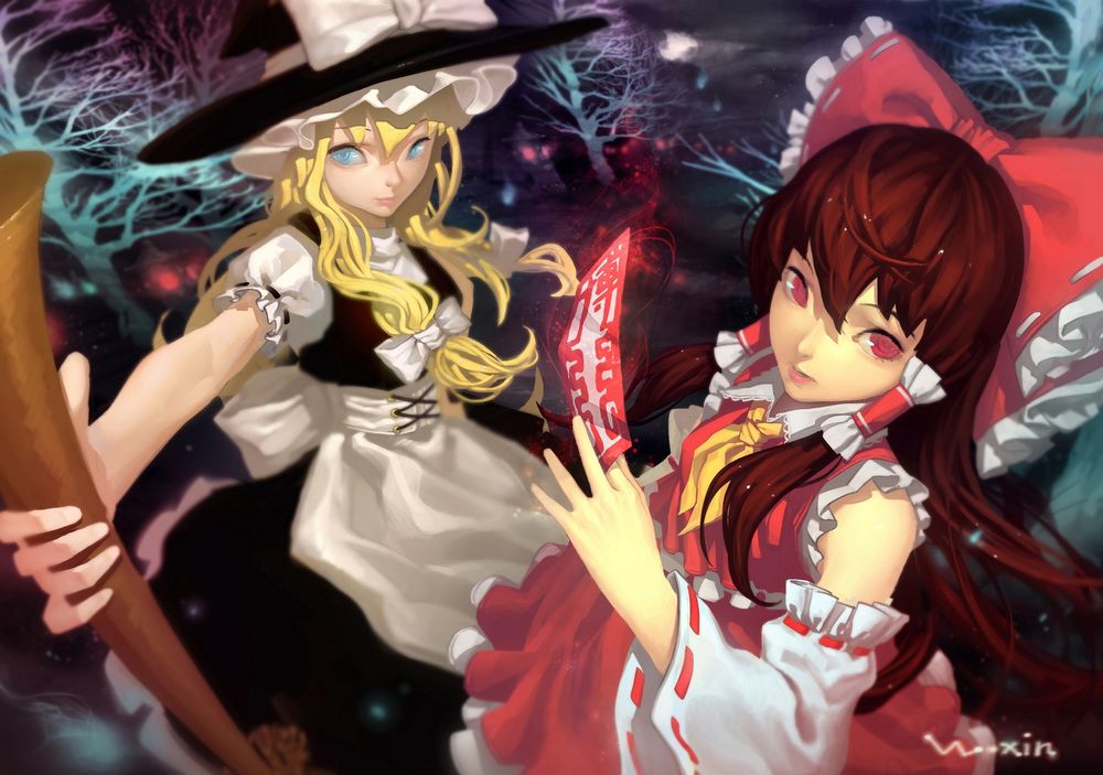 Обои для рабочего стола Marisa Kirisame / Мариса Кирисаме и Hakurei Reimu из серии компьютерных игр Touhou Project / Проект «Восток», art by W-xin