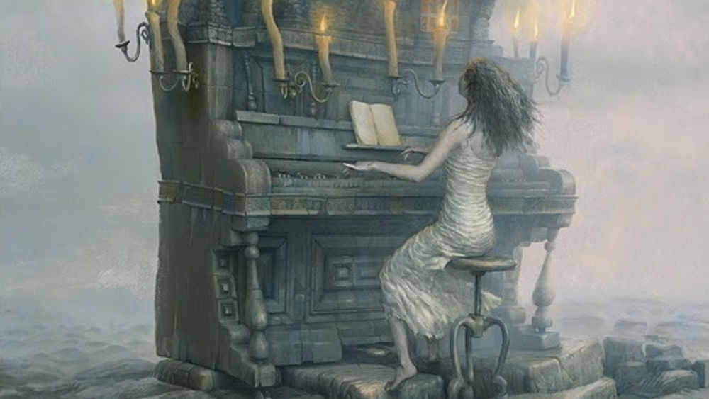 Обои для рабочего стола Девушка играет на рояле при свечах, иллюстратор Андрей Ферез