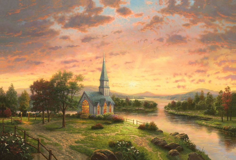 Обои для рабочего стола Церковь на берегу реки под закатным небом, by Thomas Kinkade
