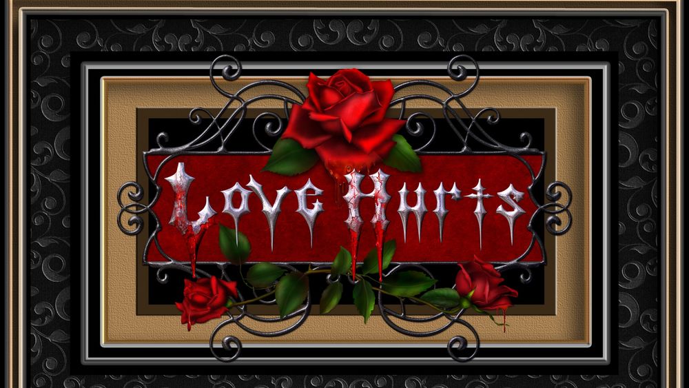 Обои для рабочего стола Красная роза в рамке с вензелями, с надписью Love Hurts / Любовь ранит