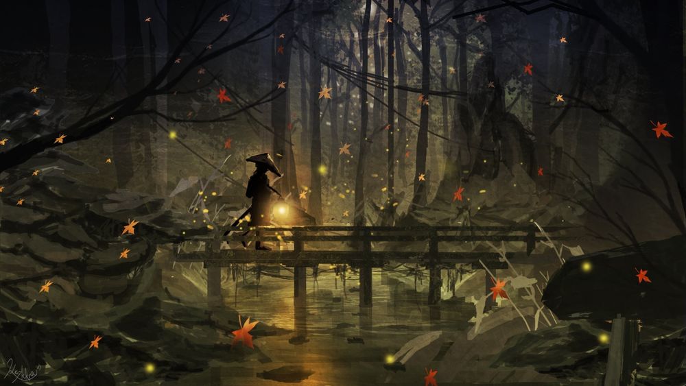 Обои для рабочего стола Человек с фонарем в руке идет по мосту в осеннем ночном лесу, на свет фонаря летят светлячки