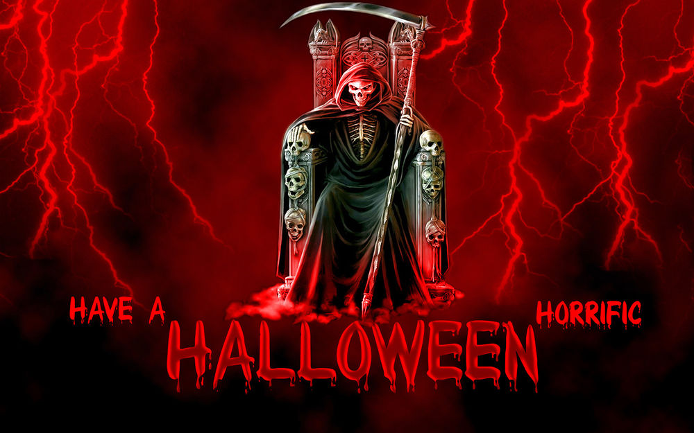 Обои для рабочего стола Смерть на троне в свете молний, Have a horrific Halloween / Жуткого Хеллоуина