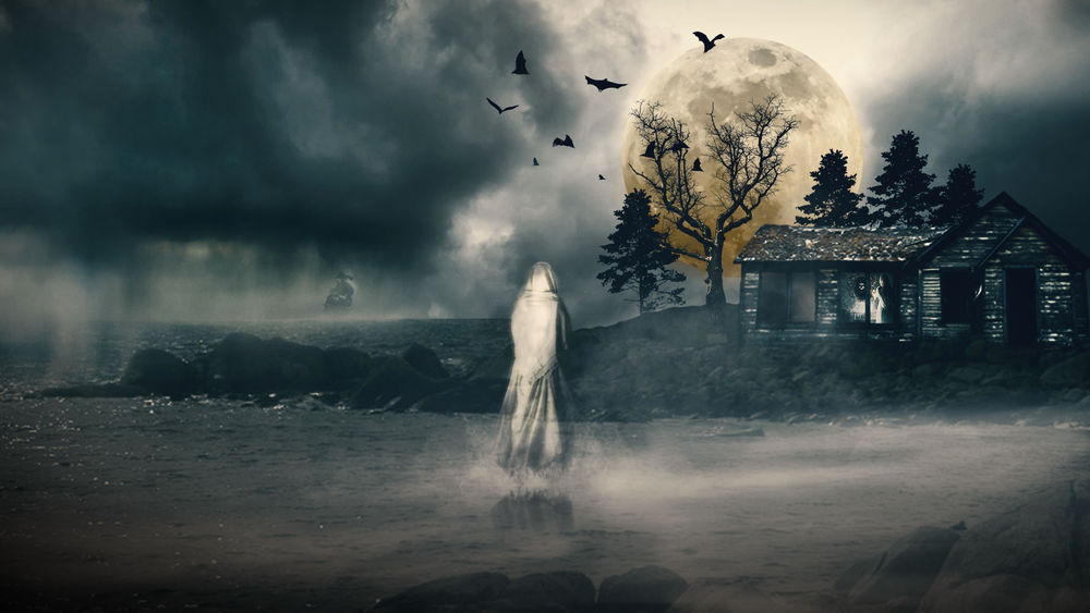 Обои для рабочего стола Призрак девушки идет к разрушенному дому в тумане под полной луной