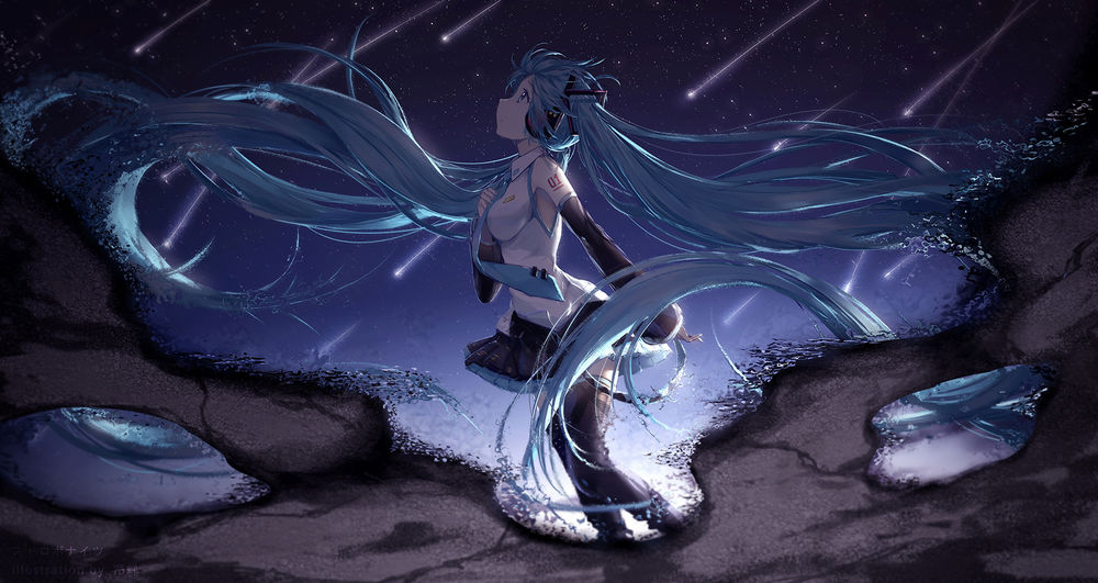 Обои для рабочего стола Vocaloid Hatsune Miku / Вокалоид Хатсунэ Мику и звездное небо отражаются в воде