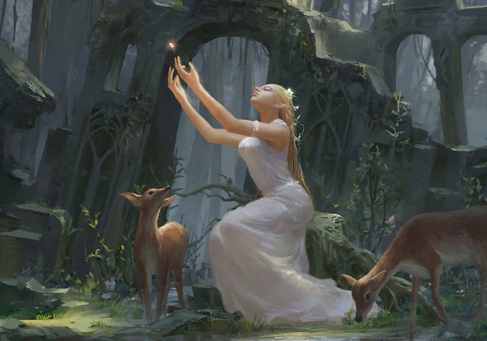 Обои для рабочего стола Эльфийка в белом платье тянет руки к магическому кольцу, сидя на камне среди заросших руин, рядом два оленя
