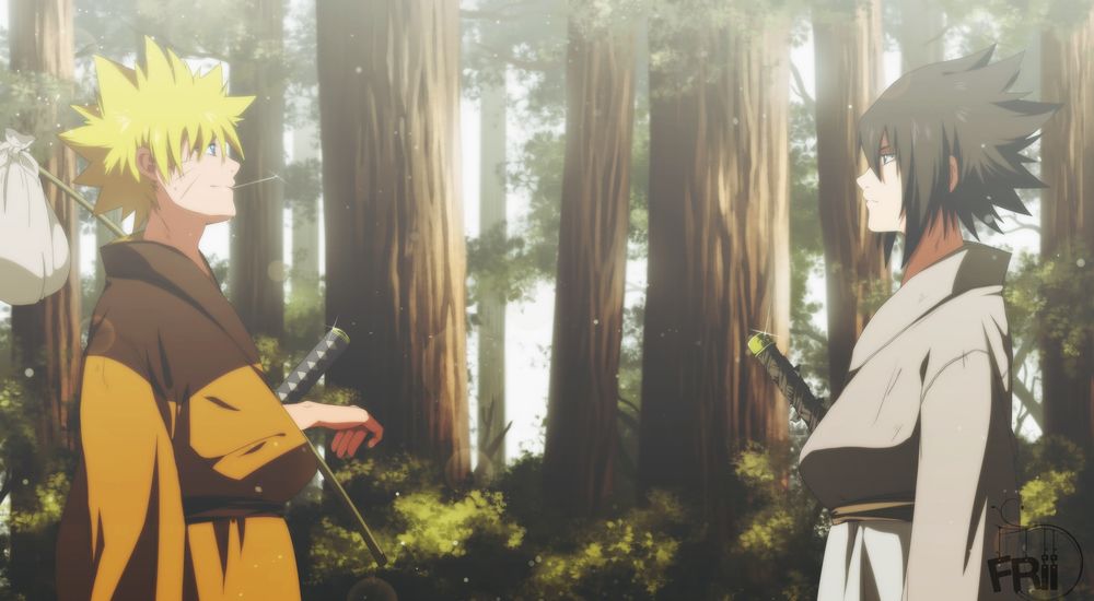 Обои на рабочий стол Uchiha Sasuke / Саске Учиха и Uzumaki Naruto / Наруто  Узумаки смотрят друг на друга, стоя на дороге в лесу из аниме Naruto /  Наруто, обои для рабочего