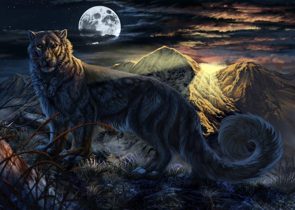 Обои для рабочего стола Красивый леопард с пушистым хвостом стоит на фоне гор и ночного неба с огромным диском луны, автор WolfRoad