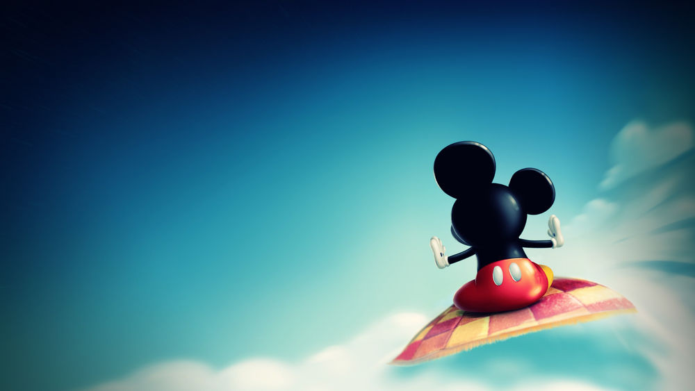 Обои для рабочего стола Микки-Маус летит по небу на ковре-самолете, by CarlosTown