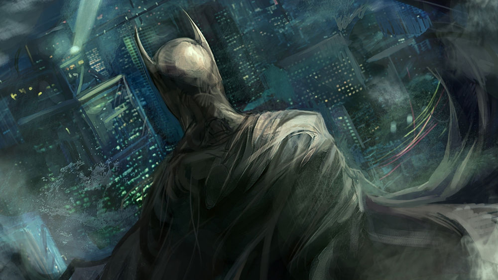 Обои для рабочего стола Batman / Бэтмен на фоне города Gotham / Готэм