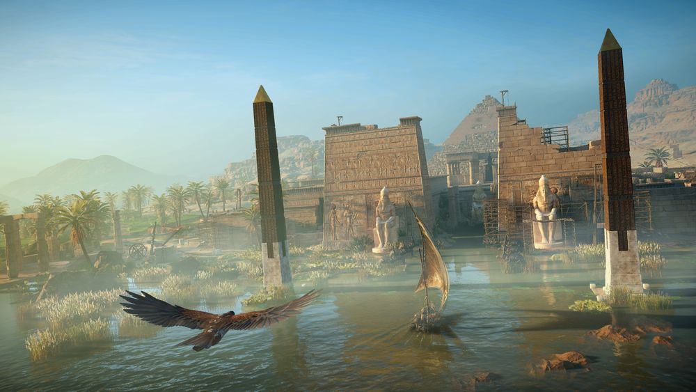 Обои для рабочего стола Орел летящий в египетский городок, игра Assassins Creed Origins