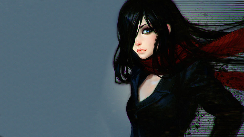 Обои для рабочего стола Девушка в красном шарфе, by Ilya Kuvshinov