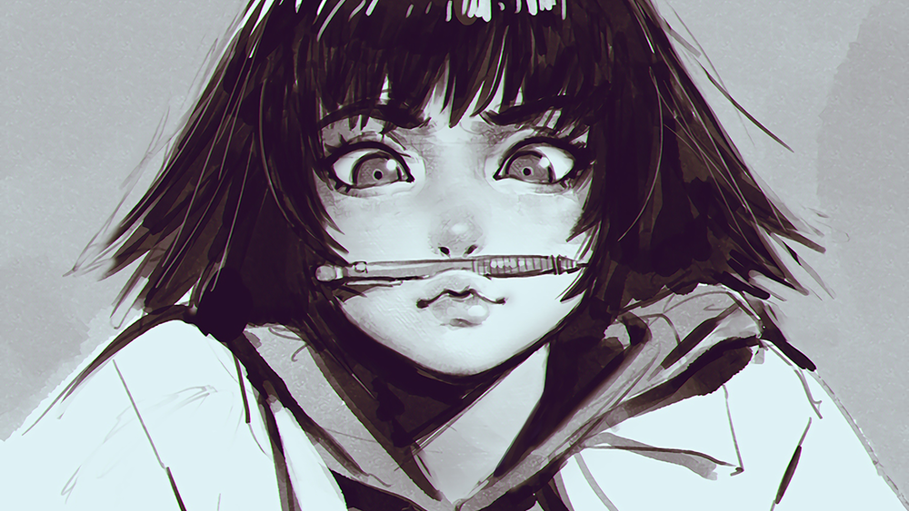 Обои для рабочего стола Девушка с карандашом на лице, by Ilya Kuvshinov