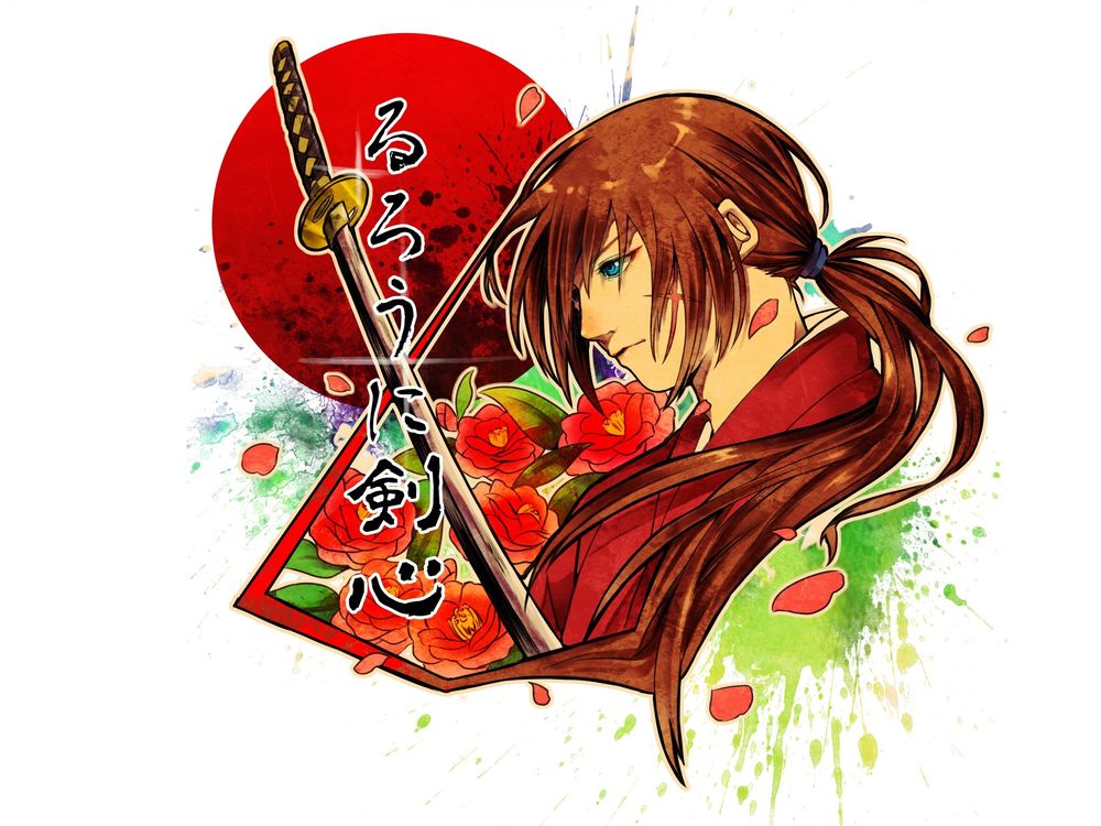 Обои для рабочего стола Химура Кеншин / Himura Kenshin с катаной и красными камелиями из аниме Самурай Х / Samurai Х / Бродяга Кеншин / Tramp Kenshin