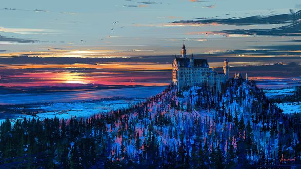 Обои на рабочий стол Замок Гогенцоллерн / Hohenzollern, окруженный зимним лесом, by aenami-dafny
