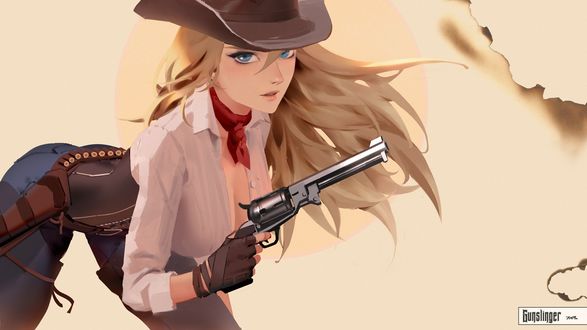 Обои на рабочий стол Голубоглазая ковбойша с пистолетом, Cowgirl, Gunslinger