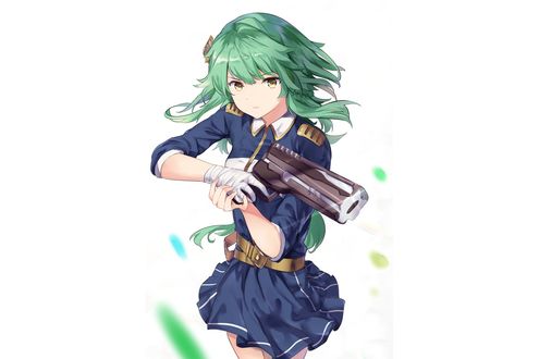 Обои на рабочий стол Kochiya SanaeВ / Котия СанаэВ в военной форме с пистолетом из игры Touhou Project / Проект Восток