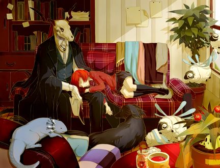 Обои на рабочий стол Элиас Эйнсворт / Elias Ainsworth спит на колене Чисэ Хатори / Chise Hatori на диване в его кабинете из аниме Невеста чародея / Mahoutsukai no Yome