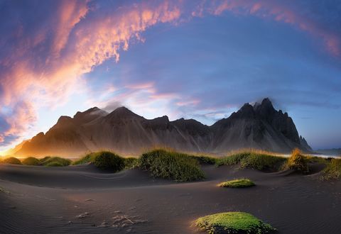 Обои на рабочий стол Фантастический закат на пляже stokksnes beach, iceland / Стокксне, Исландия, фотограф cmoon view