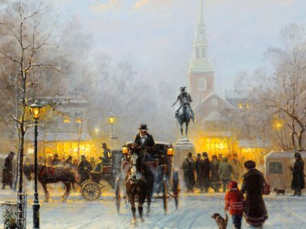 Обои на рабочий стол Оживленная городская улица зимним вечером, художник Gerald Harvey