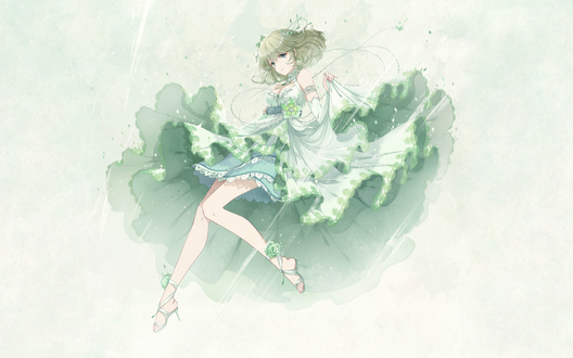 Обои на рабочий стол Каэдэ Такагаки / Takagaki Kaede из аниме Идолмастер: Девушки-Золушки / Idolmaster / THE iDOLM@STER: Cinderella Girls в красивом платье зеленых оттенков, автор оригинала C7zhou
