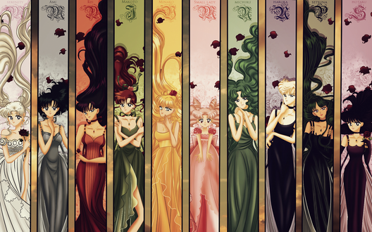 Обои на рабочий стол Принцесса Серенити / Princess Serenity, Ами Мидзуно / Mizuno Ami, Рэй Хино / Hino Rei, Макото Кино / Kino Makoto, Минако Айно / Aino Minako, Маленькая Леди / Small Lady, Мичиру Кайо / Kaiou Michiru, Харука Тэно / Tenou Haruka, Сэцуна Мэйо / Meiou Setsuna и Хотару Томоэ / Tomoe Hotaru из серии аниме, манги и игр Красавица-воин Сейлор Мун / Bishoujo Senshi Seeraa Muun / Pretty Guardian Sailor Moon, автор Tiffany