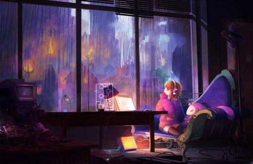 Обои на рабочий стол Аташи из аниме Чобиты / Chobits смотрит в окно на вечерний город под дождем, by oright
