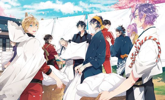 Обои на рабочий стол Kasen Kanesada, Souza Samonji, Tsurumaru Kuninaga / Тсурумару Кунинага, Munechika Mikazuki и другие персонажи развешивают простыни на улице из игры и аниме Touken Ranbu / Танец мечей