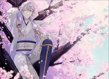 Обои на рабочий стол Tsurumaru Kuninaga / Тсурумару Кунинага сидит на ветке цветущей сакуры из игры и аниме Touken Ranbu / Танец мечей