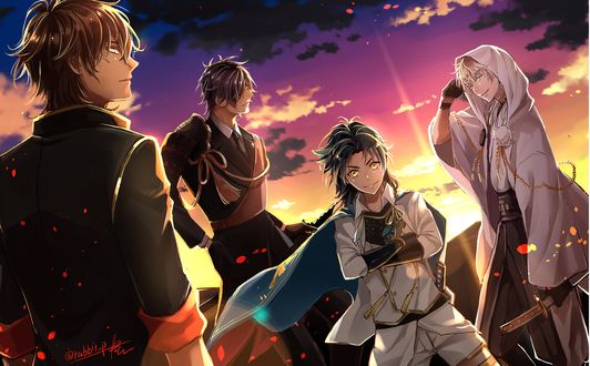 Обои на рабочий стол Tsurumaru Kuninaga / Тсурумару Кунинага, Ookurikara, Shokudaikiri Mitsutada персонажи из игры и аниме Touken Ranbu / Танец мечей