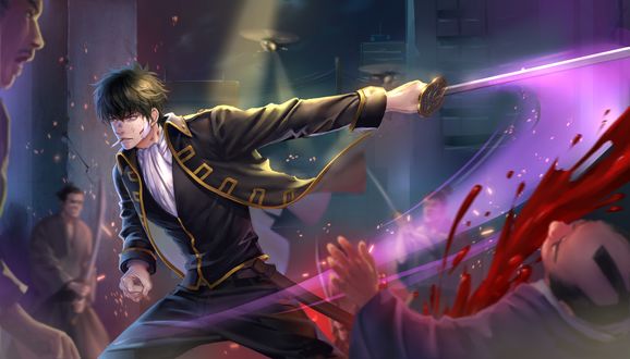 Обои на рабочий стол Hijikata Toushirou / Хиджиката Тоширо с сигаретой сражается с самураями из аниме Гинтама / Gintama