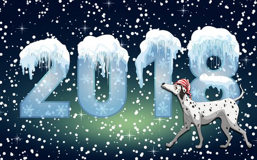 Обои на рабочий стол Новый 2018 год- год собаки, цифры и долматинец под падающим снегом