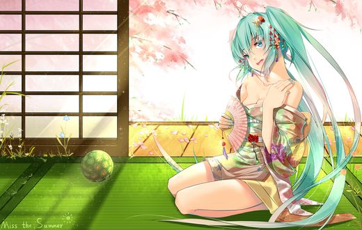 Обои на рабочий стол Vocaloid Hatsune Miku / Вокалоид Хатсуне Мику в кимоно с веером сидит на татами в японском доме