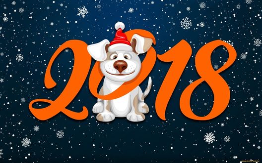 Обои на рабочий стол Новый 2018 год- год собаки, цифры и пес в новогодней шапке под падающим снегом