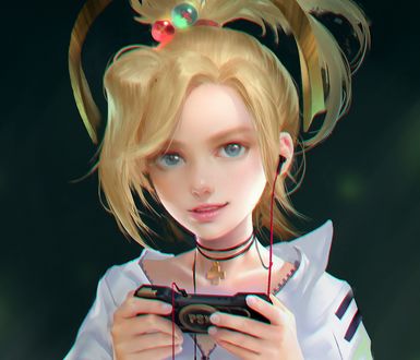 Обои на рабочий стол Девушка с наушниками в ушах слушает музыку, by YI SUI