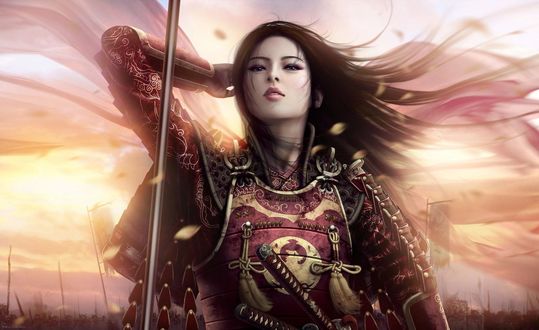 Обои на рабочий стол Персонаж игры Legend oft the five rings / Легенда о пяти кольцах Shiba Tsukimi / Шиба Цукими в доспехах на фоне армии солдат, by Mario Wibisono