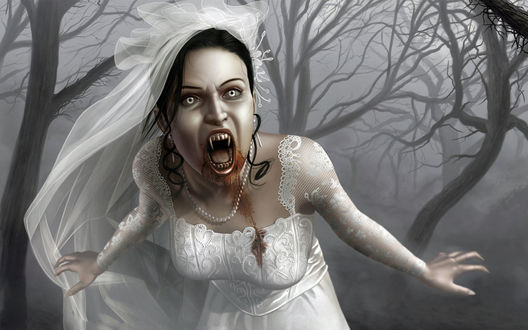 Обои на рабочий стол Кровавая девушка-невеста вампир Мэри стоит на фоне леса