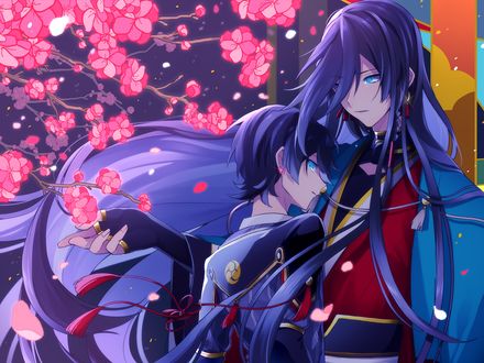 Обои на рабочий стол Izumi No Kami и Honebami Toshirou под цветущей сакурой, из игры Touken Ranbu / Танец мечей