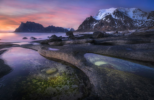 Обои на рабочий стол Закат над горами Norway / Норвегии, by Jonathan Le Borgne
