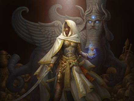 Обои на рабочий стол Ojha-девушка-воин, с саблей и магическим светящимся предметом в руках, стоит рядом с мифическим чудовищем, by GoldenDaniel