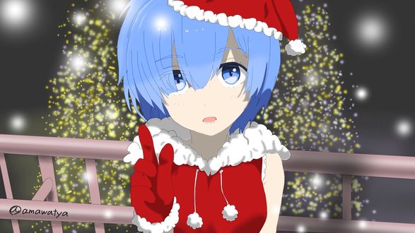 Обои на рабочий стол Rem / Рэм из аниме Re: Жизнь в альтернативном мире с нуля / Re: Zero kara Hajimeru Isekai Seikatsu, в новогоднем наряде стоит перед клкой