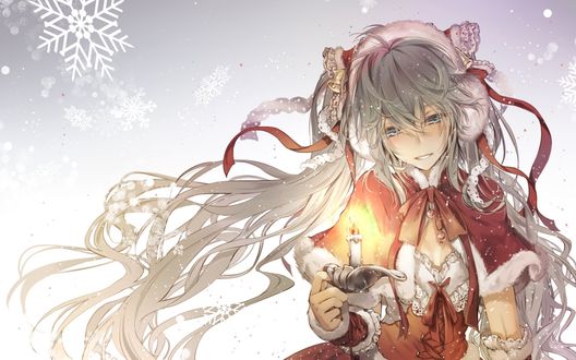 Обои на рабочий стол Vocaloid Hatsune Miku / Вокалоид Хатсуне Мику со свечей на фоне снежинок, by Kingchenxi
