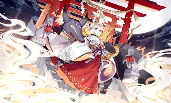 Обои на рабочий стол Беловолосая FoxGirl / девочка-лиса и большой черный лис на фоне красных ворот торий и ночного неба с Луной